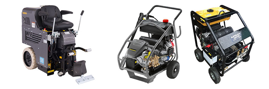 左：バッテリー式搭乗式床材剥がし機。内装工事を効率化するイノベーターです。<br>右：超高圧EG洗浄機。内装材を効率良く剥離できます。ガソリン仕様。