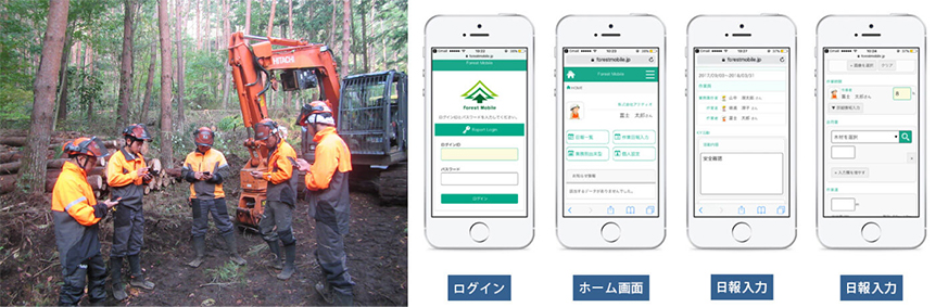山林業務管理システム「Forest Mobile」（フォレスト モバイル）活用の様子とスマートフォンによる操作画面