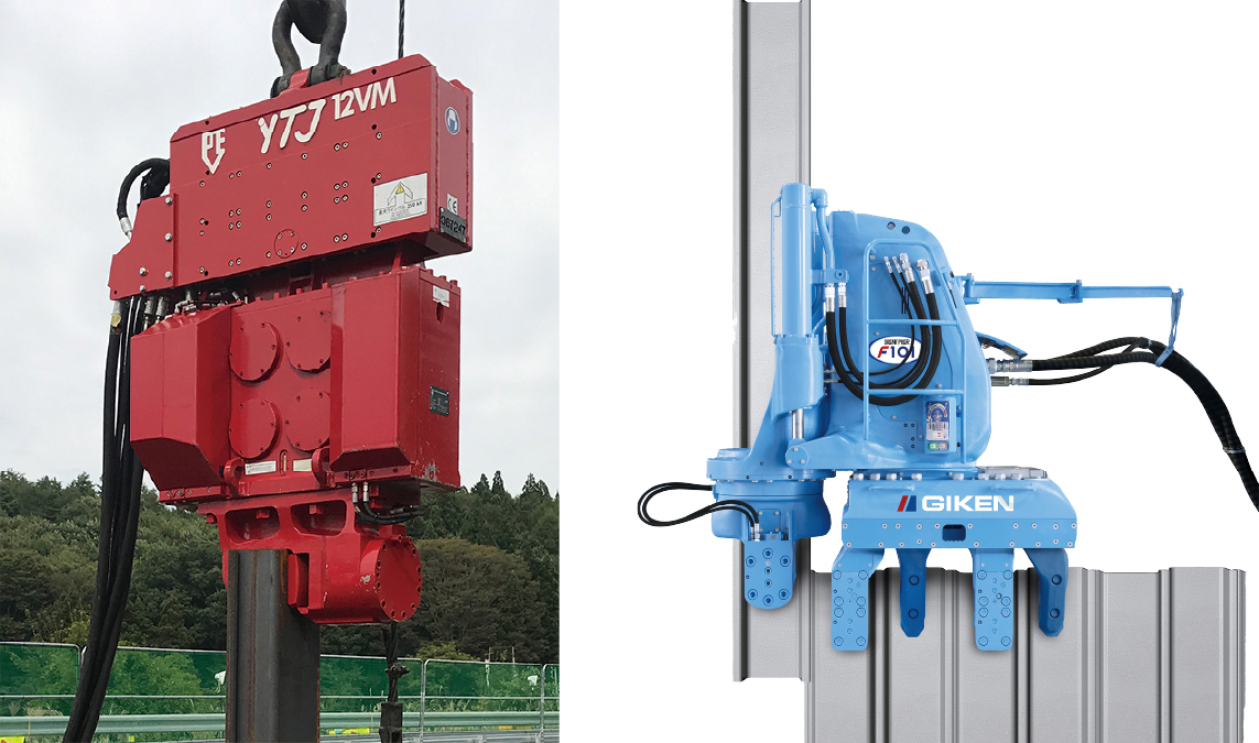 （左）NETIS登録商品である油圧式・可変高周波型バイブロハンマーPVE（右）サイレントパイラー®