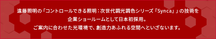 遠藤照明の「コントロールできる照明」技術を企業ショールームとして日本初採用。ご案内に合わせた光環境で、創造力あふれる空間へといざないます。