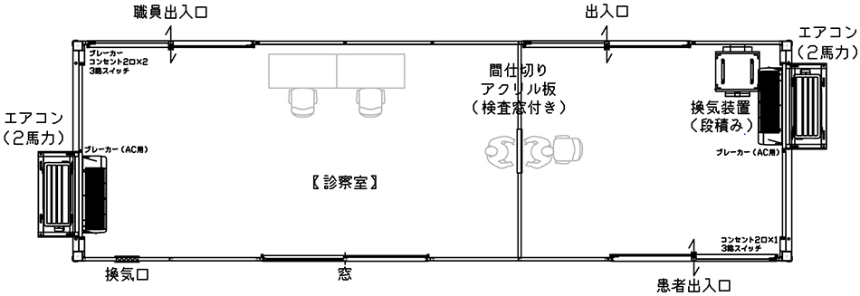 前室なし、アクリル板で仕切りあり