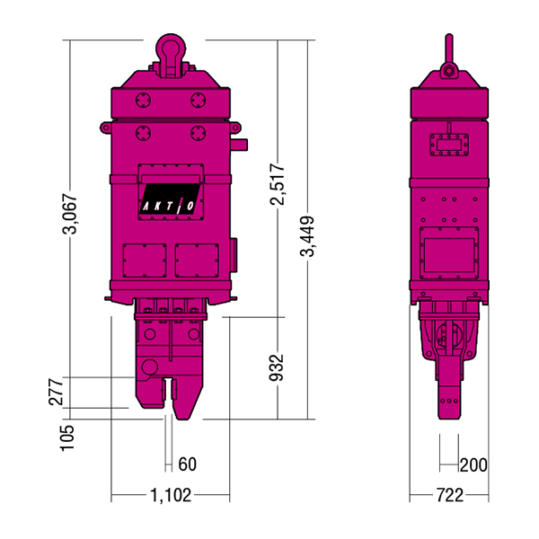 ZEROバイブロ 油圧式可変超高周波型SR 本体寸法図(寸法:mm)