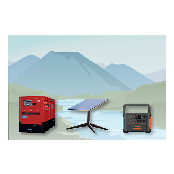 Starlink Business(スターリンクビジネス)レンタルサービス 導入イメージ:ネット回線がない山間部で発電機やポータブルバッテリーと組み合わせて