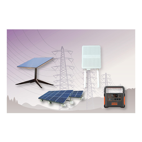 Starlink Business(スターリンクビジネス)レンタルサービス 導入イメージ:山間部鉄塔補修現場でWi-Fiルーター、ポータブルバッテリー、ソーラーパネルと組み合わせて