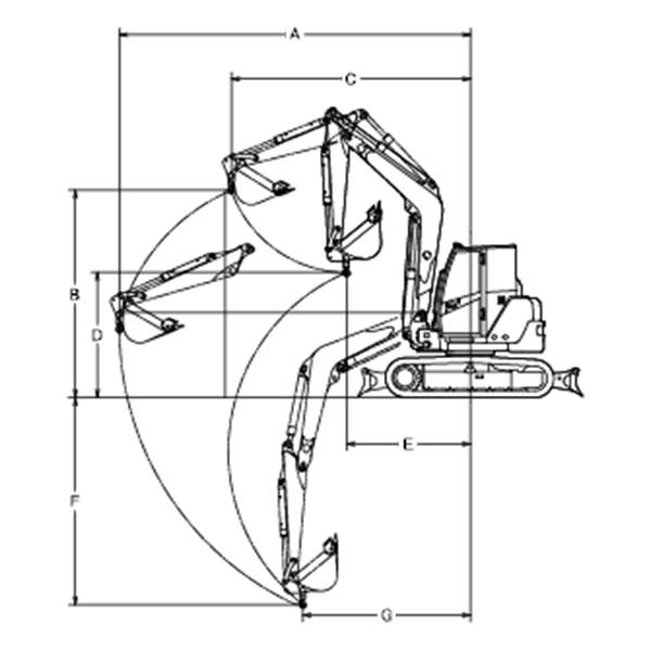 クレーン機能付バックホー後方小旋回　作業範囲図