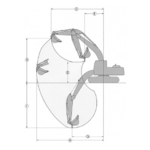 クレーン機能付バックホー 作業範囲図