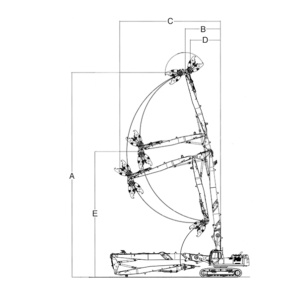 解体超ロングバックホー　作業範囲図